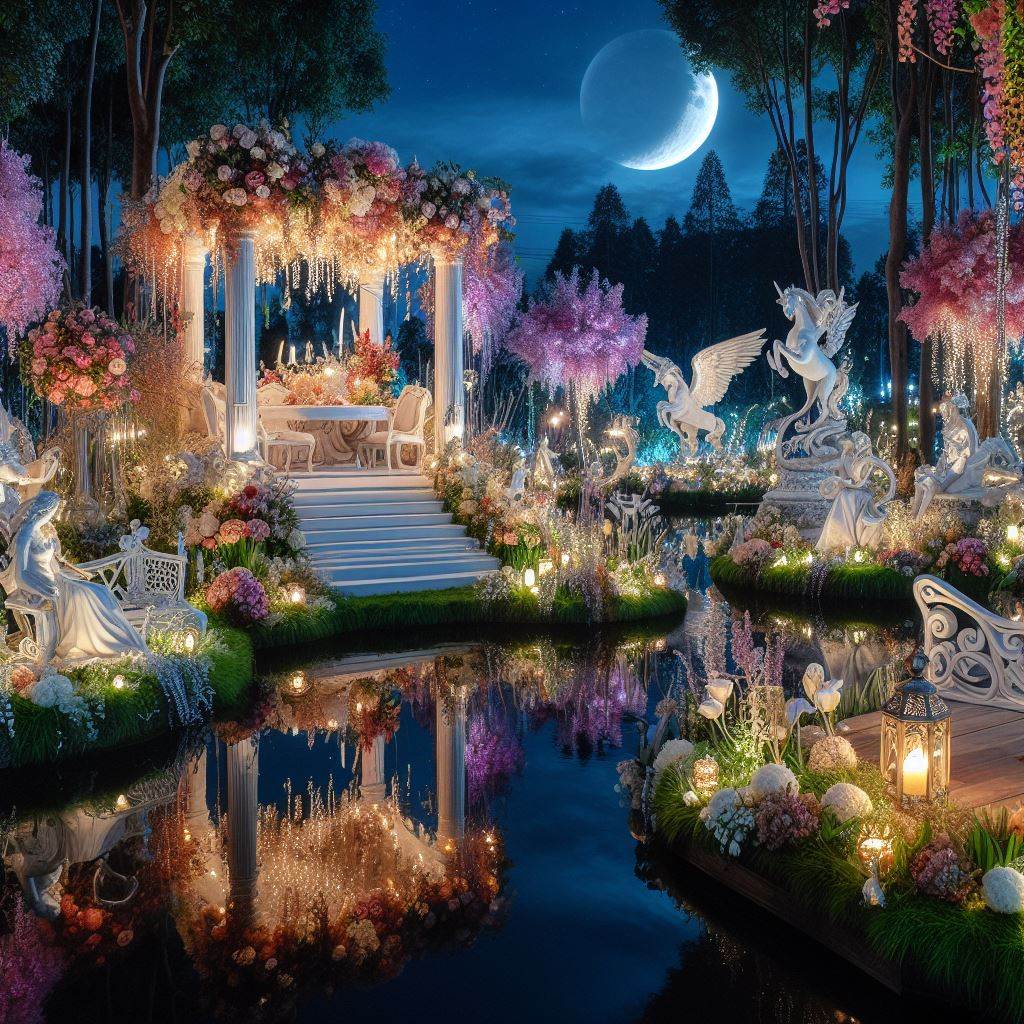 paisaje nocturno de un lago con muchas luces, flores, estatuas y una pérgola