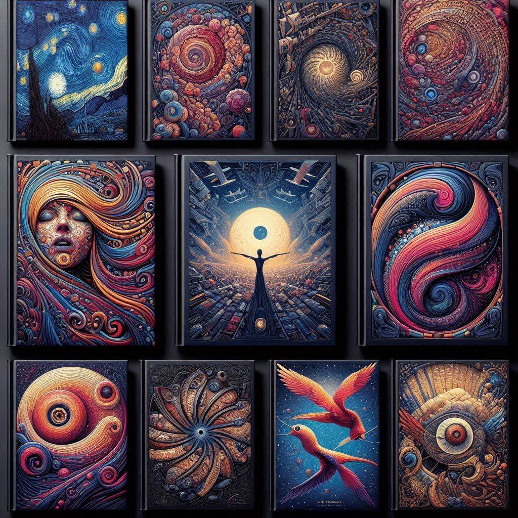 portada de once libros con motivos surrealistas y artísticos